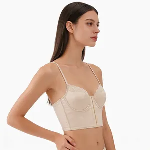French retro corset bra in beige satin with front clasp and delicate lace trim