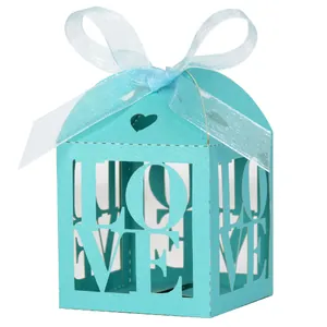 Hollow Love design light blue wedding candy box with elegant ribbon and house shape