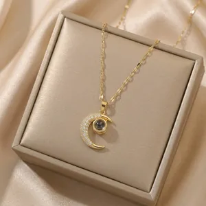 Titanium Steel Zirconia Crescent Moon Pendant Necklace 100 Languages Projection Necklace For Women Elegant Jewelry Gift