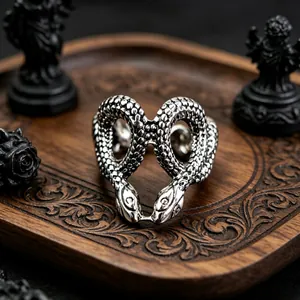 Macro shot of gothic double-headed snake ring with detailed scale texture on dark wood