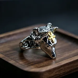 Detailed close-up of retro Anubis silver alloy ring featuring golden Ankh cross symbol