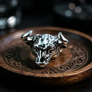 Detailed close-up of a vintage bull head silver ring with rustic antique metal finish