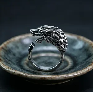 Detailed view of a silver wolf head ring with intricate 3D carvings and viking style