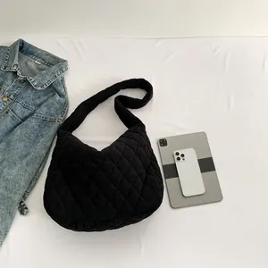 Black corduroy quilted tote bag with diamond stitching and large capacity for daily use