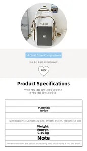 Detailed view of white nylon backpack capacity with dimensions and size comparison