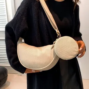 Women Corduroy Half Moon Crossbody Bag Casual Minimalist Dumpling Handbag With Round Coin Purse Adjustable Strap Travel Bag
