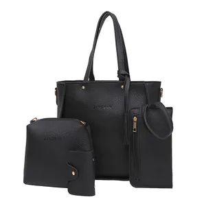 Black litchi grain bucket bag 4-piece set with handbag, shoulder bag, pouch and card holder