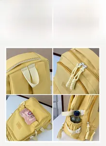 Macro detail of yellow nylon backpack featuring buckle side pocket and dual-zipper closure