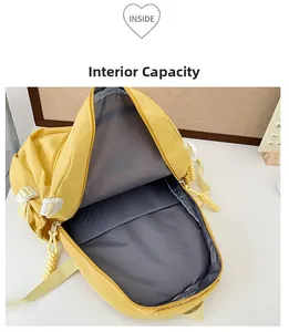 Macro shot showing internal capacity and durable gray lining of the yellow backpack