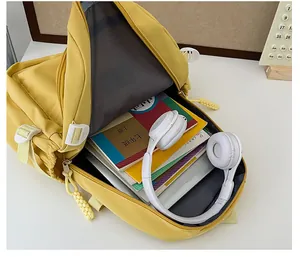 Interior view showing the large capacity of the yellow nylon backpack with school books