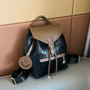 Women Quilted Rhombus Backpack PU Leather Drawstring Bucket Bag With Smiley Charm Waterproof Casual Travel Fashion Bag