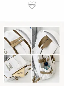 Detail view showing dual zippers, reinforced handle and side pockets of the beige backpack