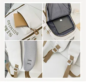 Detail of white backpack featuring large main compartment for tablets and breathable straps