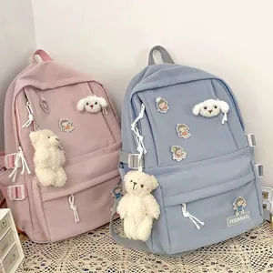 Mochila de Nylon de Gran Capacidad de Estilo Harajuku para Estudiantes Bolso Escolar Coreano Color Sólido Con Insignias Lindas