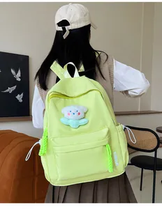Détail d'un sac à dos en nylon vert néon avec un ours en peluche blanc et étiquette latérale