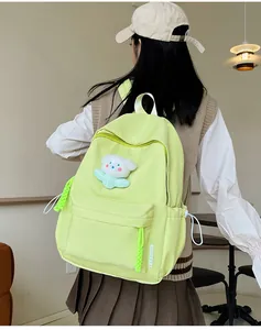 Vue arrière du modèle portant un sac à dos vert clair avec un pendentif en peluche