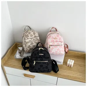 Women Mini Backpack Floral Jacquard Nylon Canvas Small Fashion Daypack Gold Zipper Casual Travel Trendy Girls Bag