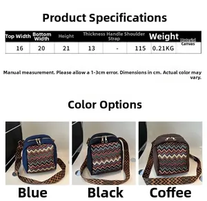 Detailed sizing chart and material specs for the ethnic style canvas crossbody bag