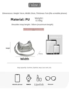 Size chart for silver rivet dumpling bag showing 25cm width and capacity for smartphones