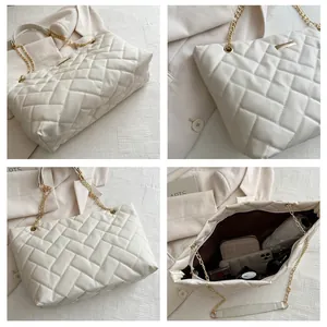 Detailed views of beige quilted tote bag showing large capacity and gold chain strap