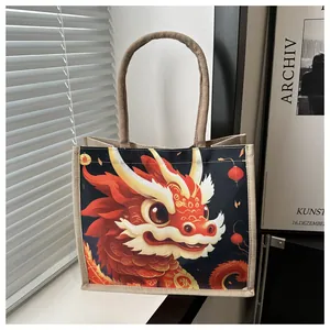 Detail of canvas tote bag showing coarse fiber texture and cartoon dragon print