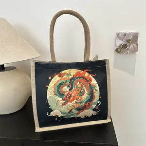 Canvas tote bag with dragon print and cream handles for casual daily shopping