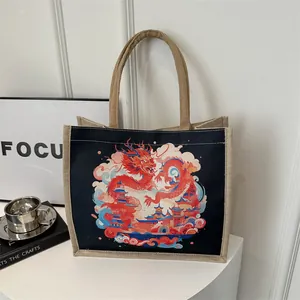 Linen tote bag with red dragon illustration and traditional Chinese cloud patterns