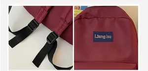 Details verstellbarer Riemen und Liang ku Logo auf dem weinroten Nylon Rucksack