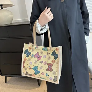 Sac fourre-tout en toile de style japonais avec motifs d'ours mignons pour étudiantes