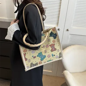 Sac fourre-tout en toile de style japonais avec ourson mignon et motifs floraux