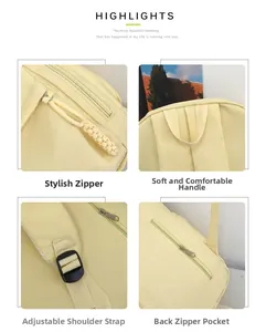 Detail of high-capacity yellow backpack with adjustable straps and secure back zipper pocket