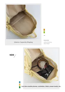 Detail showing the spacious interior compartment of the yellow student backpack
