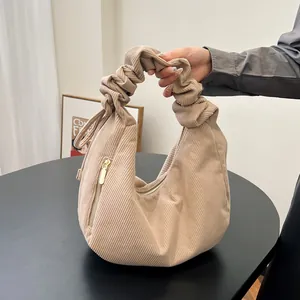 Women's Corduroy Shoulder Bag Ruched Strap Drawstring Hobo Underarm Bag Solid Color Casual Fashion Tote Handbag Daily Purse