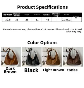 Detailed chart showing PU leather tote bag dimensions and four available color options