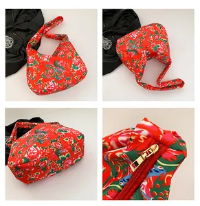 Detailed views of ethnic tote bag with red peony patterns and golden metal zipper