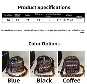 Detailed size specifications and color options for ethnic style canvas crossbody bag