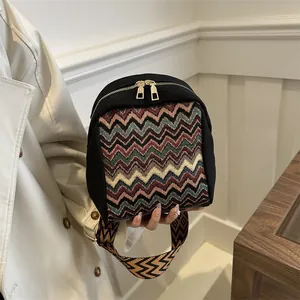Women Ethnic Style Canvas Crossbody Bag Bohemian Zigzag Woven Pattern Retro Wide Strap Shoulder Bag Small Square Shell Bag Fashion Daily Purse