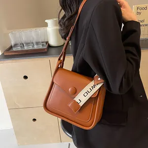 Women Fashion PU Leather Crossbody Bag Simple Small Square Flap Bag With Wide Letter Print Shoulder Strap Contrast Color Shoulder Bag