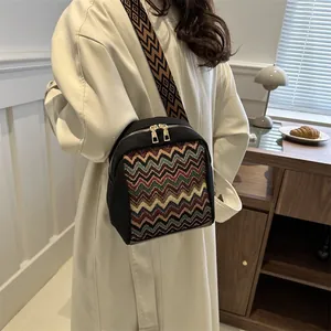Ethnic style black canvas crossbody bag with colorful zigzag woven strap and gold zipper detail