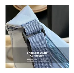 Close-up of durable black shoulder strap connection ring on light blue nylon bag