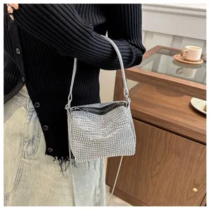 Detailed view of luxury silver rhinestone mini bag worn cross-body on a model