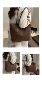 Dettagli della borsa tote leopardata caffè con manici sottili e scritta fashion