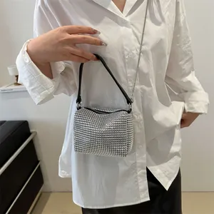Sparkling silver rhinestone mini handbag with metal chain strap for women
