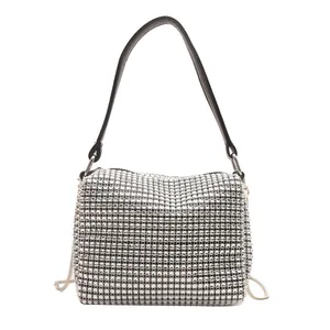 Sparkling silver rhinestone evening handbag with black shoulder strap for parties