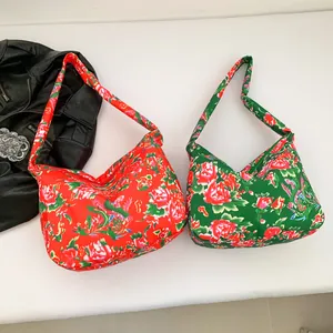 Women Ethnic Style Traditional Flower Print Large Capacity Tote Bag Satin Look Nylon Shoulder Bag Chinese Peony Hobo Bag
