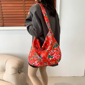 Ethnic style large capacity red floral tote bag with traditional peony pattern on shoulder