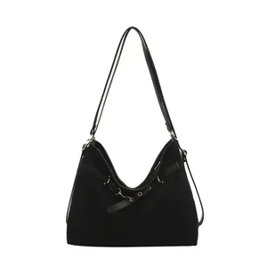 Retro black matte leather tote bag with metallic eyelet straps and large capacity