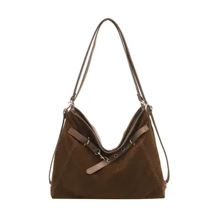 Borsa tote in camoscio marrone scuro retrò con spallacci in pelle e fibbia in metallo