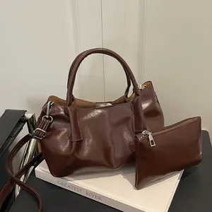 Women Retro Pleated Synthetic Leather Handbag And Pouch Glossy Shoulder Crossbody Bag Versatile Urban Commute Purse