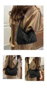 Detail of the soft black leopard print texture and zipper on this crescent shoulder bag